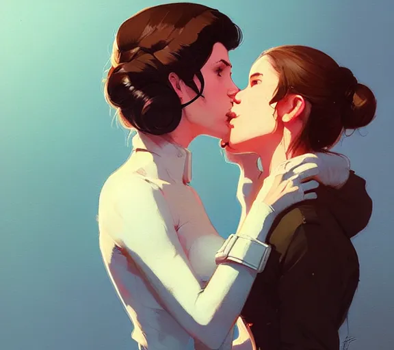 Prompt: portrait of han kissing leia by atey ghailan, by greg rutkowski, by greg tocchini, by james gilleard, by joe fenton, by kaethe butcher, dynamic lighting, gradient light blue, brown, blonde cream and white color scheme, grunge aesthetic