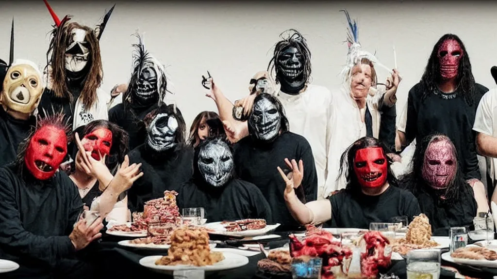 Image similar to slipknot having a birthday party, film still from the movie directed by Denis Villeneuve with art direction by Salvador Dalí, wide lens