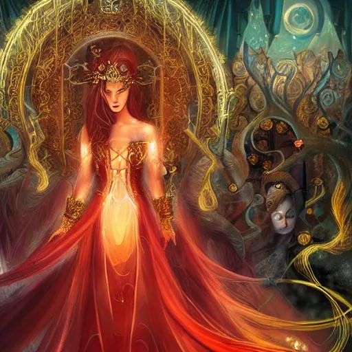 Image similar to Fantastic, fairytale painting, Beautiful, sorceress, long flowing red hair, intense glowing eyes, light emitting from fingetips, hovering, ornate gown, royalty, surrounded by a crowd of people, onlookers, kingdom