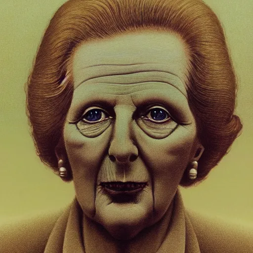 Prompt: illustration of Margaret Thatcher by Zdzizław Beksiński, 8k high definition high quality