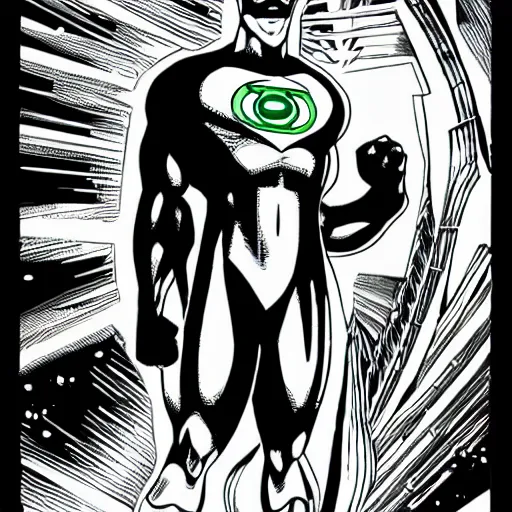 Image similar to comic Green Lantern in black and white uniform in space standing infront of the moon, HQ, comic style