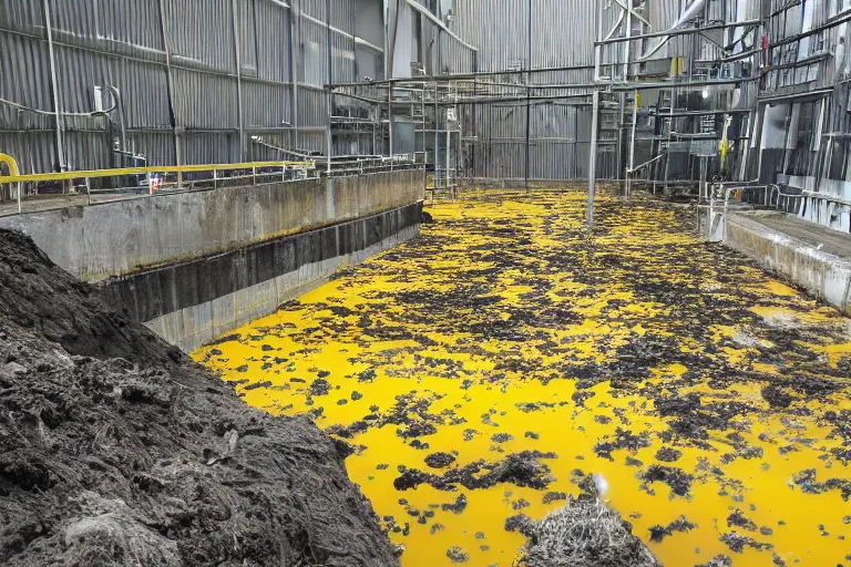 Image similar to photo of a waste facility, catwalks and yellow pools of sludge