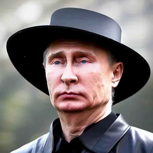 Image similar to putin wearing a black leather hat, frontal view, cool looking