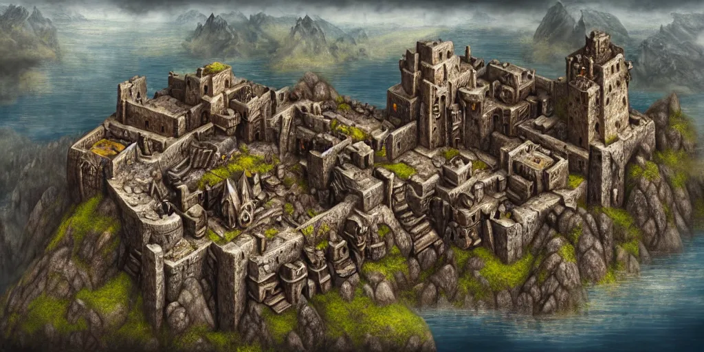 Image similar to aerial view of a dwarven fortress at the edge of a mountain range, as a matte oil painting, photorealistic, landscape, medieval fantasy, epic, smelters, forges, waterwheels, chiseled architecture, ornate, intricate, trading depots, extremely detailed, sharp focus