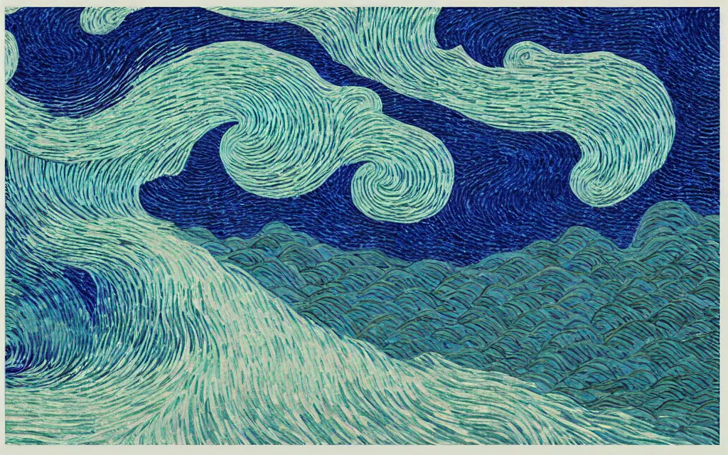 Image similar to rainy streets of kyoto, fractal waves. japanese embroidery. retro minimalist art by jean giraud and van gogh.