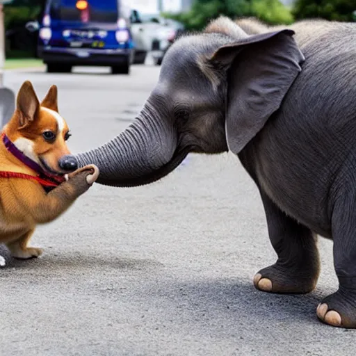 Image similar to A corgi fighting crime with an elephant sidekick