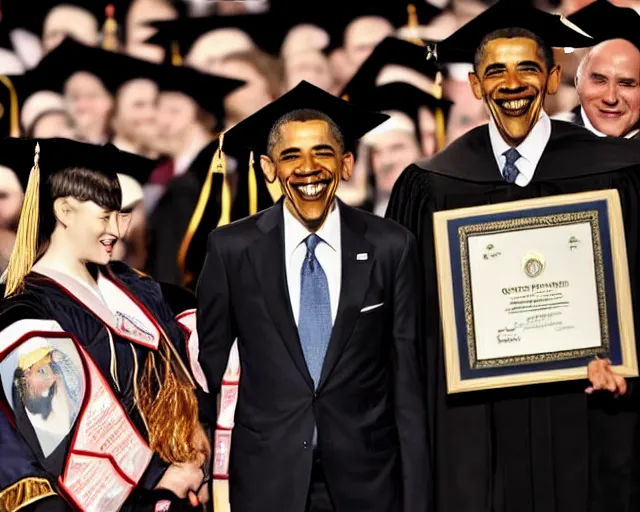 Image similar to man wearing guy fawkes mask accepts award from obama, university graduation pose, photo, cinematic lighting