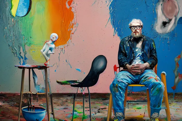 Image similar to portrait of a morphed painter sitting in a chair next to a bbq, art by james jean and luc tuymans and vincent lefevre and hernan bas and pat steir and hilma af klint, psychological, dripping paint, high quality render, cg society contest winner, retrofuturism, masterpiece