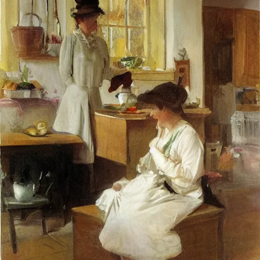 Image similar to a rabbit and a young edwardian woman in a french cozy kitchen, in the style of anders zorn