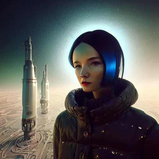 Prompt: Сyberpunk style portrait in a crowded city on Moon, Neo Norilsk, sci-fi, fantasy, intricate, very very beautiful, elegant, highly detailed, smooth, Unreal Engine 5, sharp focus, by Marat Zakirov, by Beeple, trending on Behance