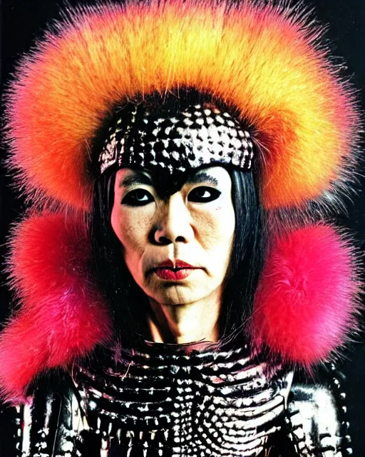 Prompt: portrait of a skinny punk goth yayoi kusama wearing armor by simon bisley, john blance, frank frazetta, fantasy, thief warrior, colourful fur!!