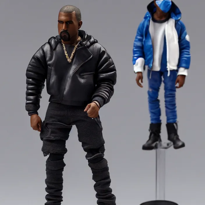 Image similar to a action figure of kanye west using a full face covering black mask, a small, tight, undersized reflective bright blue round puffer jacket made of nylon, dark jeans pants and big black balenciaga rubber boots, figurine, detailed product photo