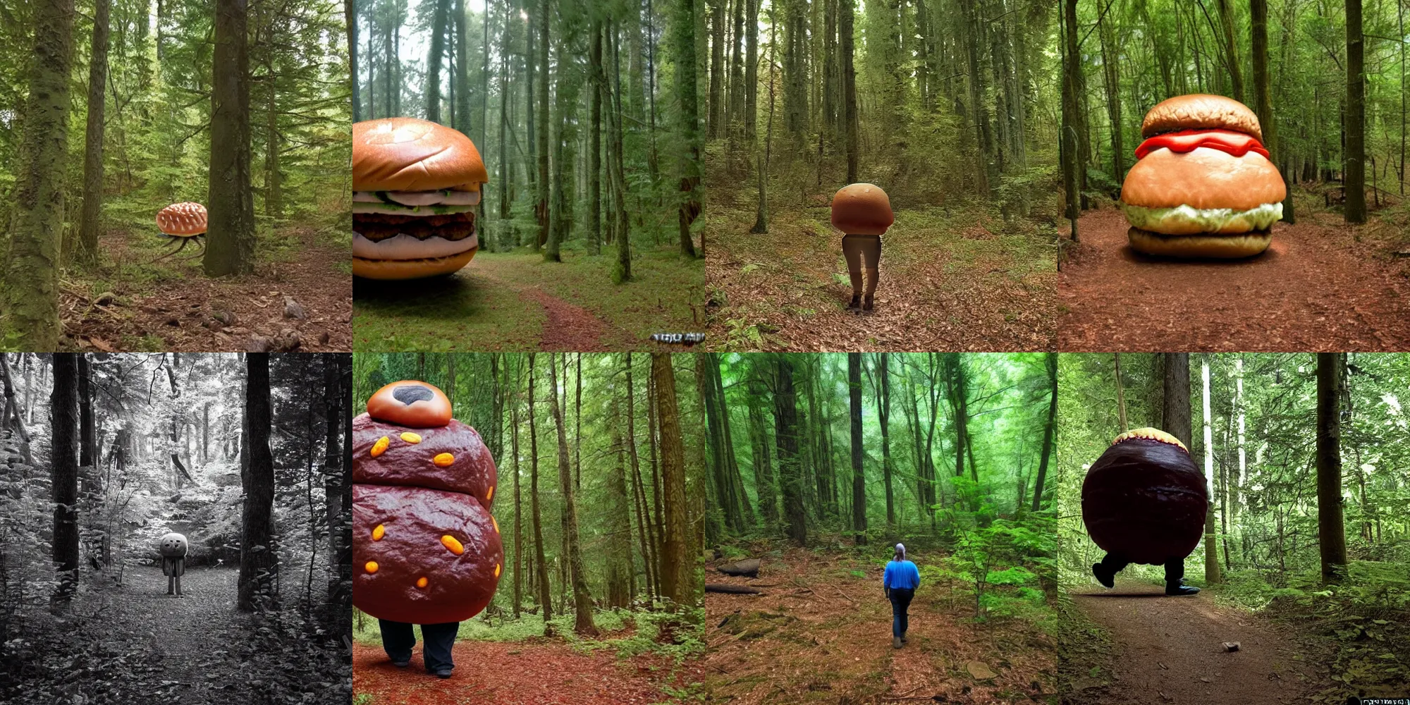 Prompt: Found footage trail cam of a giant walking hamburger in the forest