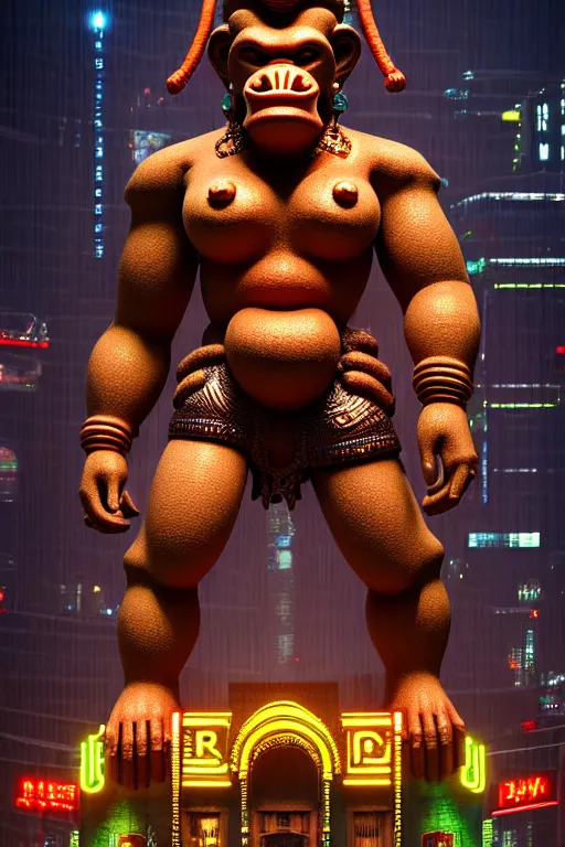 Image similar to high quality 3 d render post - rococo cyberpunk hanuman! head building, neon madhubani, open mouth, highly detailed, in sci - fi new delhi, cinematic smooth unreal engine, lee madgwick & liam wong, dramatic light, low angle, uhd 8 k, sharp focus