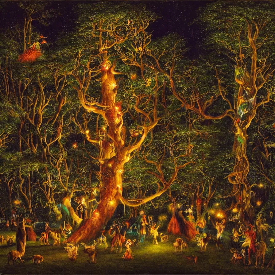 Prompt: a night carnival around a magical tree cavity, with a surreal orange moonlight and fireworks in the background, next to a big lake with iridiscent water, christmas lights, folklore animals and people disguised as fantastic creatures in a magical forest by summer night, masterpiece painted by edward robert hughes, dark night environment