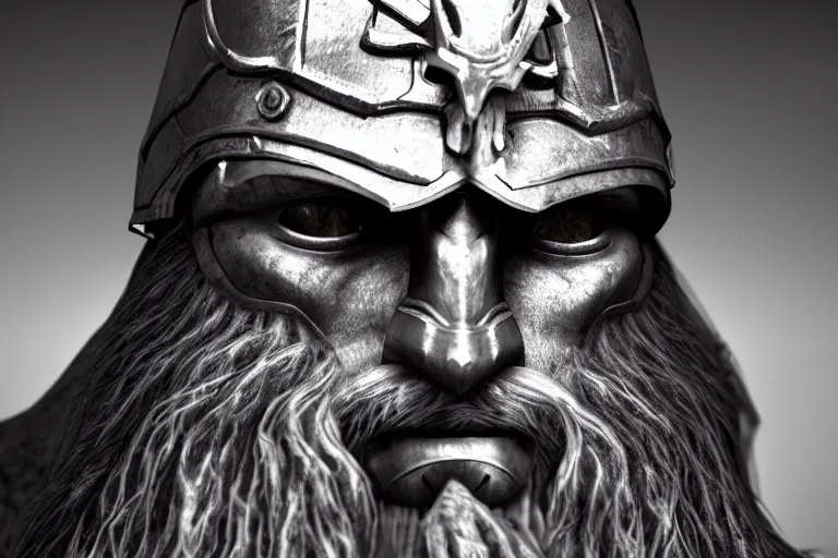 Image similar to still photo of 8 th century war man looking at the camera, black and white color aesthetic, highly detailed, photorealistic portrait, bright studio setting, studio lighting, crisp quality and light reflections, unreal engine 5 quality render