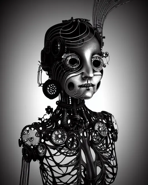 Prompt: black and white dreamy foggy smoky profile face portrait, one silver steampunk realistic eye biomechanical beautiful young female cyclope - cyborg - robot bust, body ribs meshes,, volumetric light, hibiscus flowers, by hg giger, rim light, by dora maar and cecile beaton, big gothic fashion pearl embroidered collar, 8 k