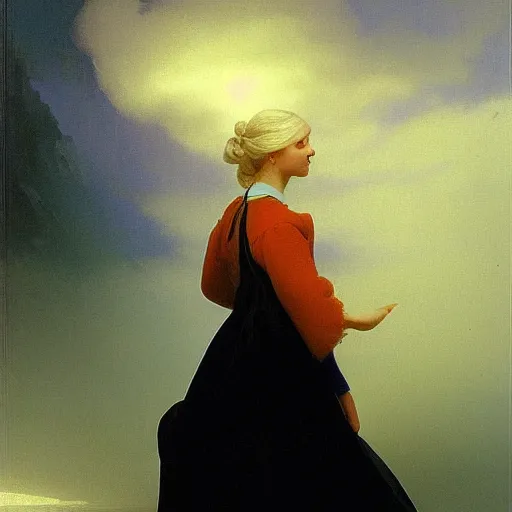 Image similar to young woman's face, her hair is white and she wears a cobalt blue duchesse satin cloak, by ivan aivazovsky and syd mead and moebius and roger dean and aelbert cuyp and willem claesz and pieter claesz and paul delaroche and alma tadema, hyperrealistic, volumetric light, octane