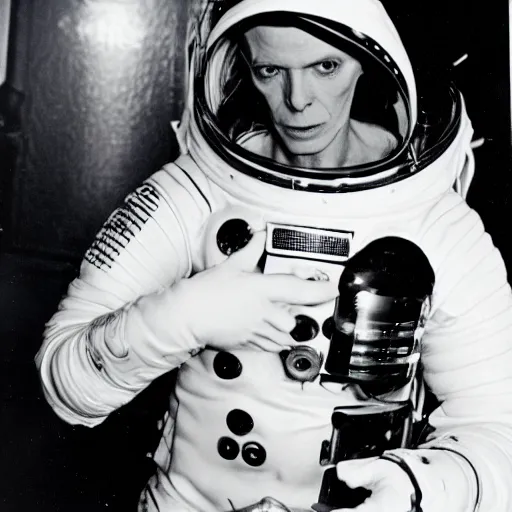 Image similar to David Bowie wearing a spacesuit at a party. Candid photo, flash, 1966, 35mm, by Andy Warhol.