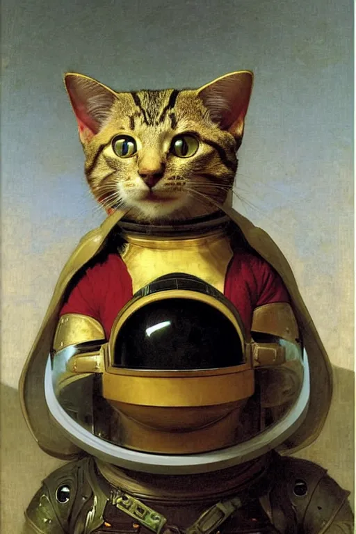 Prompt: portrait of a cat astronaut with chinese dragon armor and helmet, majestic, solemn, by bouguereau