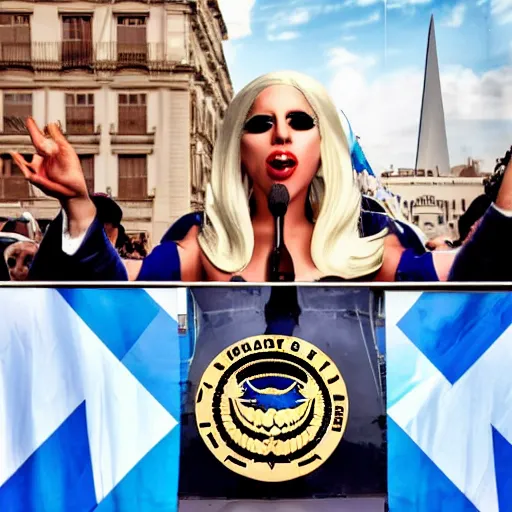 Image similar to Lady Gaga as president, Argentina presidential rally, Argentine flags behind, bokeh, giving a speech, detailed face, Argentina