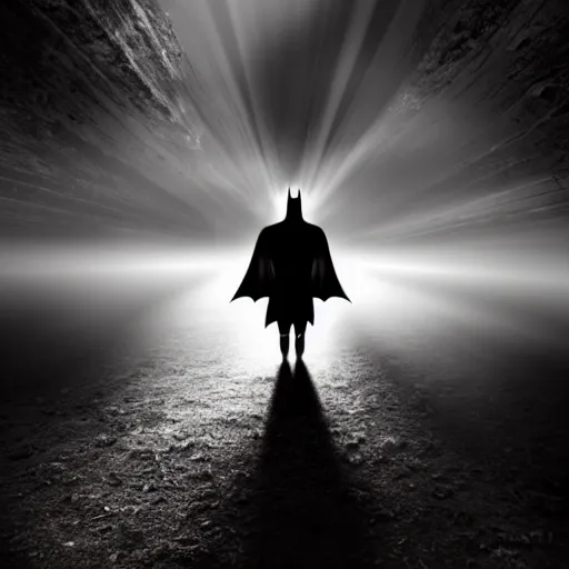 Image similar to the real vampire batman, cinematic lighting, god rays through fog, cape, cave, mood scary, film quality,