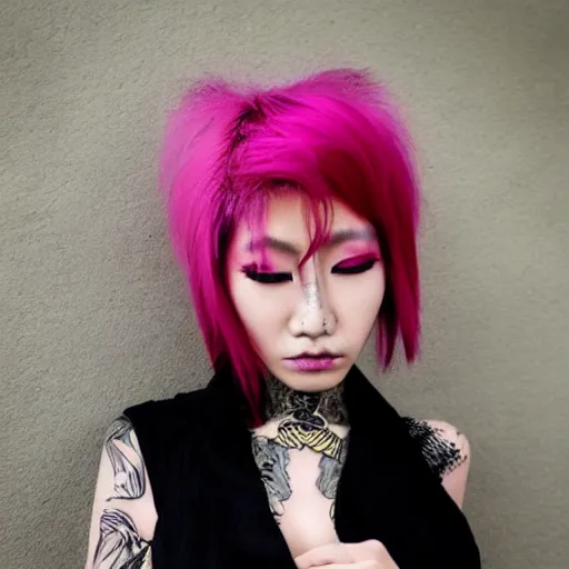 Image similar to punk tattooed asian supermodel with pink hair and a beautiful face with long eyelashes