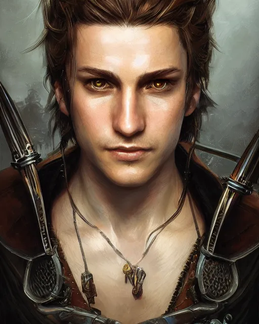 Image similar to rogue bard portrait | highly detailed | very intricate | symmetrical | cinematic lighting | award - winning | closeup portrait | balthier final fantasy | painted by donato giancola and mandy jurgens and charlie bowater | featured on artstation