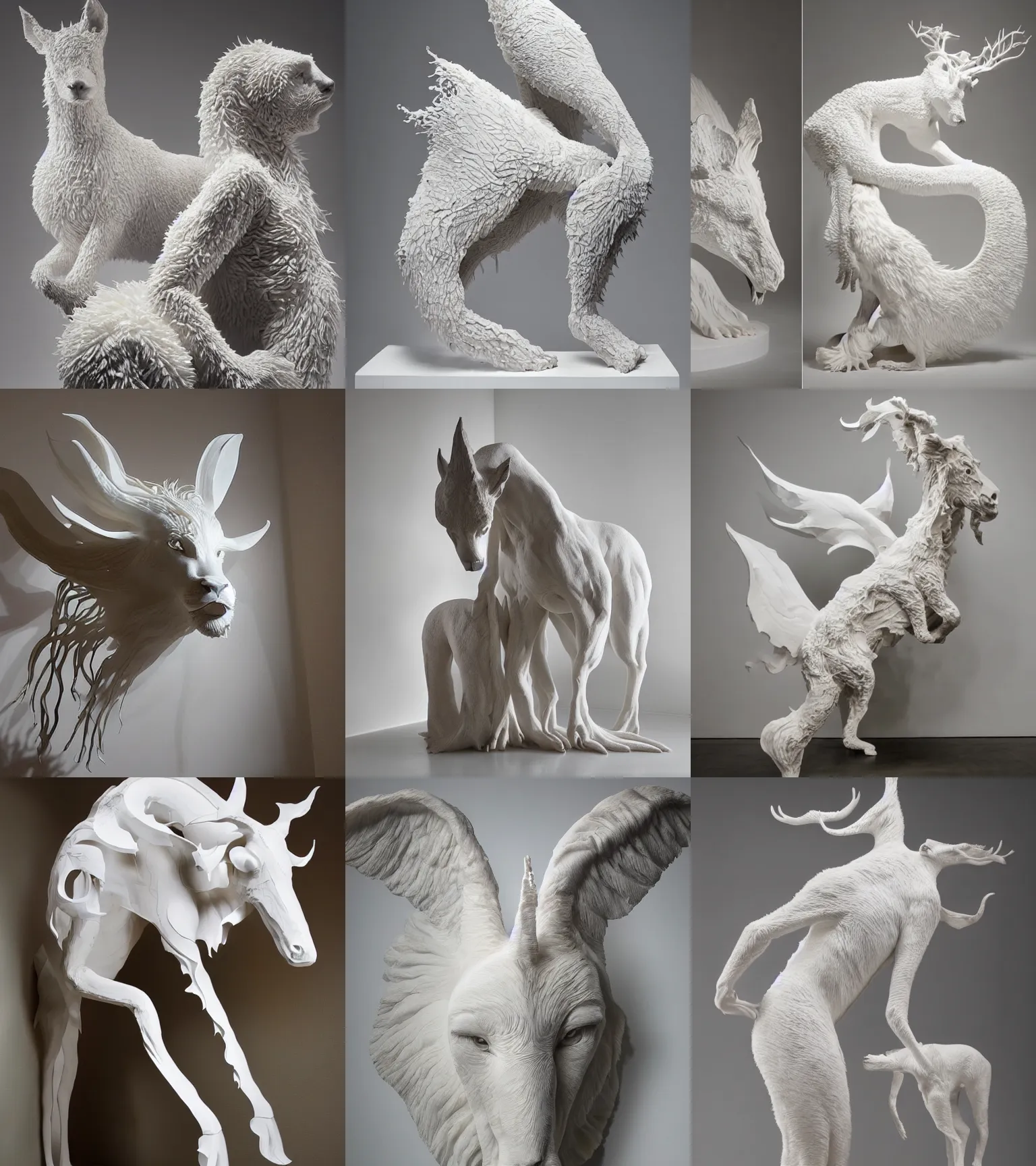 Prompt: organic forms, white clothes, studio artistic dramatic light, extremely detailed, modern animal sculpture by Beth Cavener and Valerie Hadida