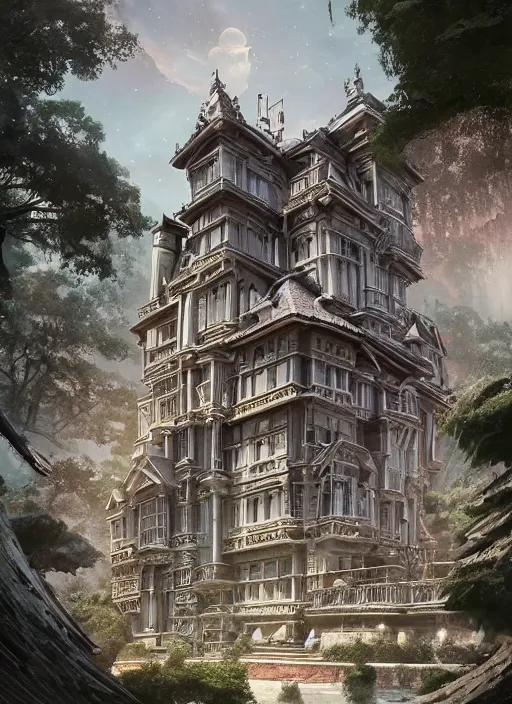 Prompt: a diamond carved mansion on a mystic groove, mysticism, art style by kim jung gi karl marx greg rutkowski ghibli, au naturel, hyper detailed, digital art, trending in artstation, cinematic lighting, studio quality, smooth render, unreal engine 5 rendered, octane rendered