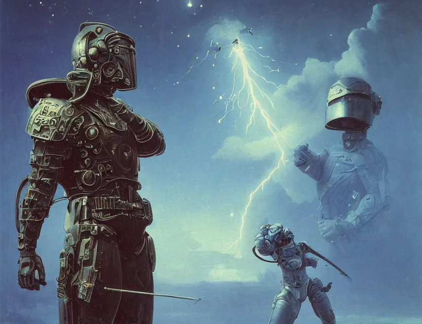 Prompt: a detailed portrait painting of a bounty hunter in combat armour and visor. cinematic sci-fi poster. Flight suit, accurate anatomy. Samurai, fencing. portrait symmetrical and science fiction theme with lightning, aurora lighting. clouds and stars. Futurism by beksinski carl spitzweg moebius and tuomas korpi. baroque elements. baroque element. intricate artwork by caravaggio. Oil painting. Trending on artstation. 8k