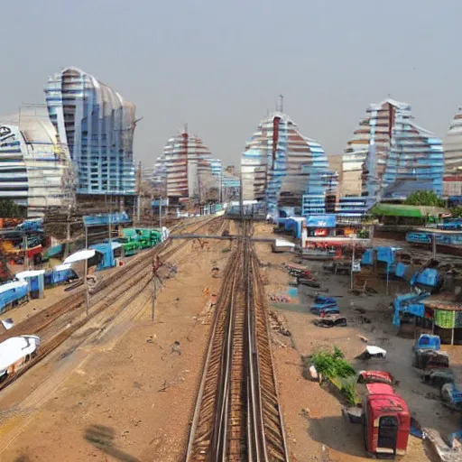 Prompt: futuristic city in nigeria with trains and building