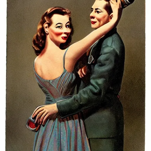 Prompt: “stunning, highly detailed portrait, very detailed, couple, from behind, from side, holding tin can, color vintage magazine illustration 1950”