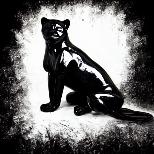 Image similar to a shiny black goo covered panther, panther made of black goo, goo panther, panther made of goo, latex shiny, laying on a tar, covered white couch in a living room, dripping and drooling black goo. digital art, photography