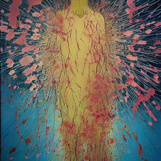 Image similar to minimalist epic floral composition of deadly silence, flowers, intense emotion, powerful painting, gritty feeling, raining, imagining a blissful fate, hope, anger, rage, willing, deconstructed, chaotic, expressive, neo-expressionism, by Francis Bacon, by Beksinski, by Abbas Kiarostami, by Kurosawa, by Hokusai, war photography, colorful, dreams, photojournalism, korean movie, masterpiece, elegant