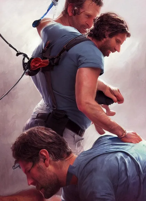 Prompt: bradley cooper as a physical therapist at physical therapy clinic, digital art by eugene de blaas and ross tran, vibrant color scheme, highly detailed, in the style of romanticism, cinematic, artstation, greg rutkowski