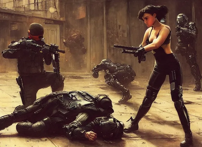 Image similar to sophia evades sgt griggs. Cyberpunk hitwoman escaping Cyberpunk police troopers in combat gear. (police state, Cyberpunk 2077, blade runner 2049, rainy city). Cyberpunk orientalist portrait by john william waterhouse and Edwin Longsden Long and Theodore Ralli and Nasreddine Dinet, oil on canvas. Cinematic, Dramatic lighting.