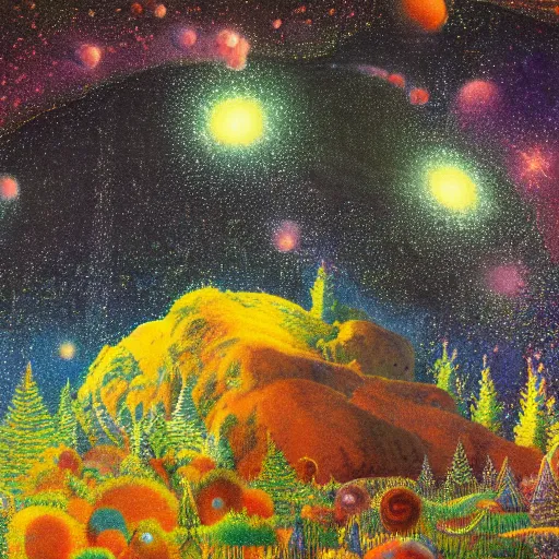 Image similar to psychedelic lush pine forest, outer space, milky way, amber eyes cat eyes designed by arnold bocklin, jules bastien - lepage, tarsila do amaral, wayne barlowe and gustave baumann, cheval michael, trending on artstation, star, sharp focus, colorful refracted sparkles and lines, soft light, 8 k 4 k