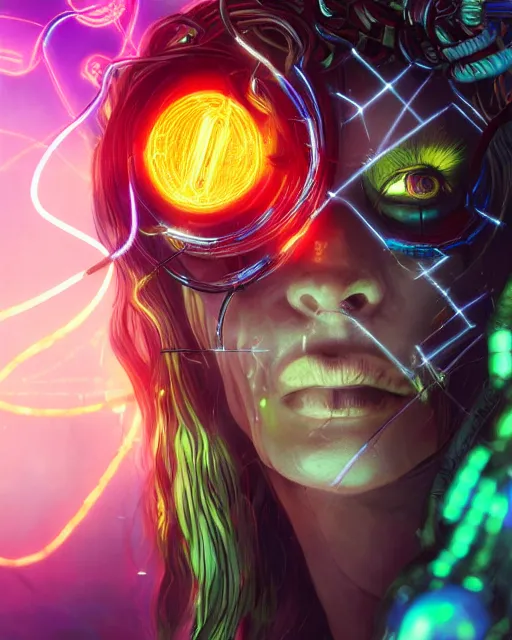 Image similar to a cyberpunk close up portrait of cyborg medusa, electricity, rainbow, snakes in hair, sparks, bokeh, soft focus, skin tones, warm, daylight, geometric, by unreal engine, paul lehr, jesper ejsing