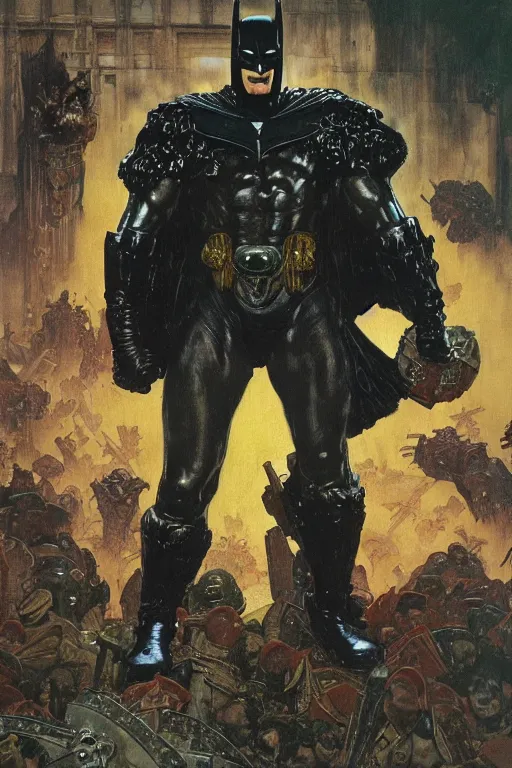 Prompt: full length portrait of massive hulking dorian yates as dark evil mutant batman wearing cape and armour, by lawrence alma tadema and zdzislaw beksinski and norman rockwell and jack kirby and tom lovell and greg staples and michael alford