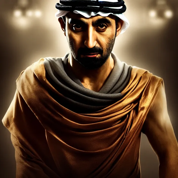 Image similar to cinematic portrait, sheikh mohammad ruler of dubai, head and chest only, nintendo, contemporary, masterpiece, cinematic composition, dramatic pose, beautiful lighting, sharp, details, hyper - detailed, hd, 4 k