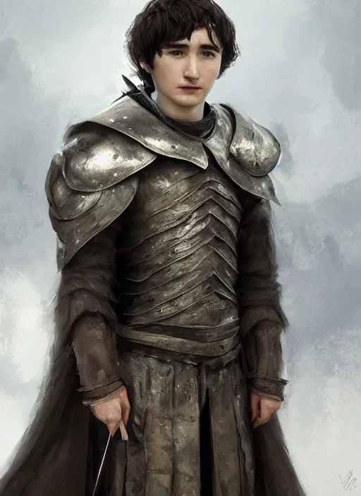 Image similar to a professional painting of Isaac Hempstead-Wright as King, clothed in ethereal armor, olive skin, long dark hair, beautiful bone structure, symmetrical facial features, intricate, elegant, digital painting, concept art, smooth, sharp focus, illustration, from Game of thrones, by Ruan Jia and Mandy Jurgens and Artgerm and William-Adolphe Bouguerea