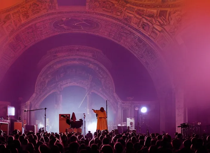 Prompt: a high resolution photograph of sunn o ) ) ) playing live at the vatican with monk robes, smoke machines, huge walls of amplifiers, many amplifiers stacked high, ornate