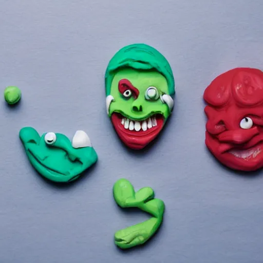 Prompt: teeth made of plasticine scattered on the table