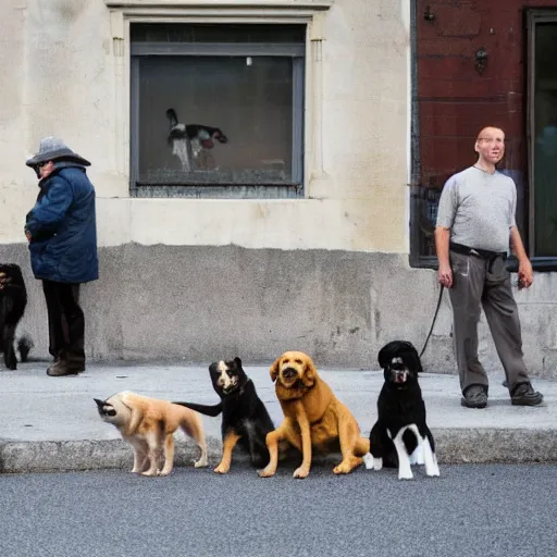 Prompt: Five dogs on the street.