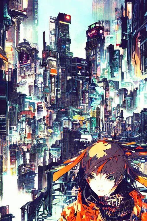 Image similar to cyberpunk illustration by shigenori soejima, street gang, concept art, intricate cyberpunk city, orange overlooking city