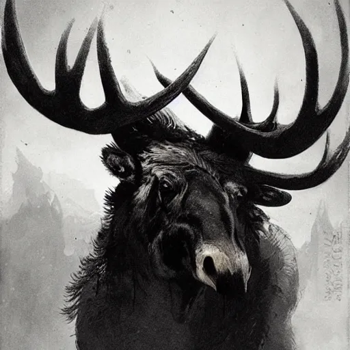 Image similar to portrait of a scary clown riding a moose, by peder balke by peder balke by greg rutkowski, by guido crepax by norman bluhm mystic high contrast monochromatic noir