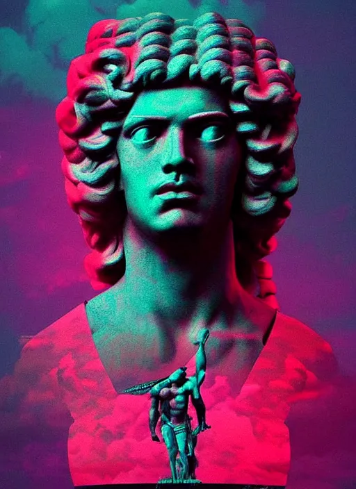 Image similar to statue of victorious hercules, beeple, vaporwave, retrowave, tonal separation, black background, glitch, pixel sorting, strong contrast, pinterest, trending on artstation