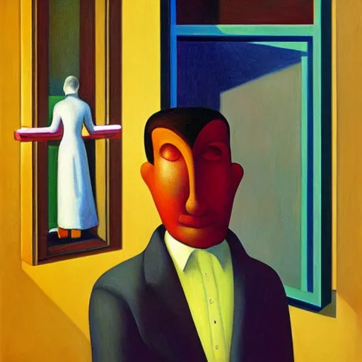 Image similar to a scientist invents a teleporter, grant wood, pj crook, edward hopper, oil on canvas