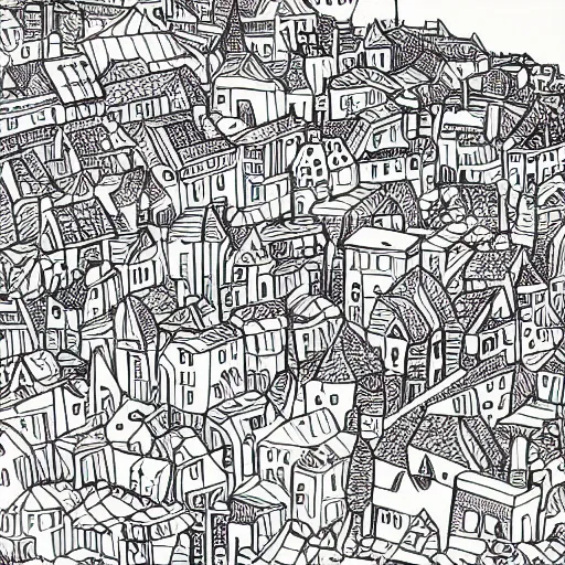 Image similar to an adult coloring book page of a fantasy village